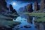 Placeholder: Dark blue sky, rocks, cliffs, puddle, sci-fi, fantasy, mountains, ludwig dettman and rodolphe wytsman impressionism paintings