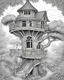 Placeholder: no grey color drawing with pen outline art for adults coloring book Black and white illustration of an imaginative treehouse perched in a sturdy tree, blending various architectural styles. With round windows and pointed roofs, this magical structure includes a balcony, shingles, and a weather vane. The intricate tree is lined with dense leaves, illustrating its vitality. A spiral staircase provides elevated access, punctuated by a platform with a lantern. The drawing, rich in details such as th