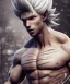 Placeholder:  unreal engine 5, avatar, goku, white and purple lines hair, fighting pose, muscular body, shirtless, volumetric details, hyper realism