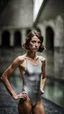 Placeholder: beautiful anorexic woman, total shot, short silver triathlon swimsuit, short brunette wavy bob hair, blurred concrete background