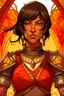 Placeholder: an anime drawing of a 40 year old thai woman. she looks middle aged. and has a stern look on her face. round face. dark tan skin, toned and muscular. short in height. dark brown hair in a bob cut. she is wearing an armour over a beautiful thai gown. she has a sun themeing. and the color scheme is red and yellow. she is holding a shield and a sword. full body drawing