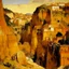 Placeholder: A yellowish orange colored ancient city underneath the cliffside painted by Edouard Manet