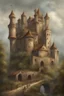 Placeholder: Castelo medieval de fantasia, velho com elementos steampunk, pintura realista. A paisagem está no subterrâneo, escuro noite