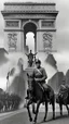 Placeholder: "Generate an image of the occupation of France by the Germans in World War II, depicting the German army marching under the Arc de Triomphe in Paris. The image should show an officer riding a horse at the head of the procession, followed by a military band and columns of soldiers in fives. The Arc de Triomphe should be visible in the background, with the Champs-Élysées stretching out in front of it. The overall color palette should be muted and somber, with a focus on grays, browns, and greens.