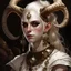 Placeholder: A young tiefling woman with a set of ram horns on her head encrusted with jewels, White-Blonde hair, black eyes, no pupils, dressed in white and gold with lots of jewelry