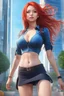 Placeholder: Create an ultra-realistic 8K photo in full body digital photo mode, beautiful Aerogirl character, perfect, well-endowed figure, long Red hair, deep blue eyes shining like the sky, wearing a blouse and miniskirt in original colors, standing in front of two utopian modern buildings, shiny and glowing skin, majestic and powerful expression, full body, dynamic pose with beams of light radiating, life-size, perfect anatomy, detailed skin texture, full HD, 4K, HDR, perfect anatomy, depth of field."