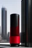 Placeholder: portable speaker, form inspired by merdeka 118 tower , architecture form, modern design style and black and red color