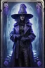 Placeholder: sacred geometry framed playing card, black, blue and purple noen cyber punk dancer thief in soaked rain coat and cowboy witch hat shadows boss card in the style of Giger and fallout 4 ,,bokeh like f/0.8, tilt-shift lens 8k, high detail, smooth render, down-light, unreal engine