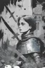 Placeholder: Au centre de l'image je voudrais Jeanne d'Arc en noir et blanc et autour beaucoup de couleurs avec des poissons, des déchets, des tâches de peinture, des bulles de bd, des poilus de la première guerre mondiale, dans un style pop