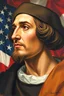 Placeholder: an expressive painting of Christopher Columbus side view face with the American flag in the background, might see a companion with features of absolute strength and determination, blended with warmth and deep faith. Perhaps his head expresses wisdom and courage, with eyes radiating confidence and faith.