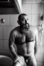 Placeholder: full figure shot frontal view photography of a wet dirty smiling arab stocky man 50 years old strong cute plumber sitting in a dirty old bathroom, in dirty underwear,, crossing arms, manly chest, beard, hairy arms, open legs, curly black hair, angry eyes, misery and poverty, emotive eyes, photorealistic, 35mm lens, f/1.4, hyper-realistic, very detailed, natural colours, dim lights, ambient occlusion, view angle from the floor