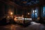 Placeholder: strange evening in vintage bedroom, deep dark colors, old wood floor, old antique bed, pale lights, sharp contours, old balkony, ceiling the galaxy with stars, nightly lights, etheral, stunning, cinemeatic