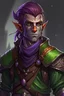 Placeholder: male wood elf, rogue, copper skin, bright green eyes, purple hair, leather armor