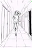 Placeholder: blonde girl runs in a corridor, line arts, manga style