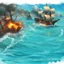 Placeholder: two pirate ships fighting each other at sea. They fire cannons at each other and one ship is hit and burns.