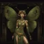 Placeholder: Full body, art nouveau woman with a bob with a fringe hairstyle, Cleopatra clothing, steampunk metal butterfly wings, green markings, black background