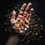 Placeholder: real photograph made on a gopro hero 11 camera, down-shot of a mosaic of sushi pieces making a hand, dark negative space,