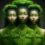 Placeholder: Painting .three women. the faces of three young black women. wood nymphs emerging from the forest. Her hair looks like vines. Dreadlocs. Her skin is the colour of dark soil. Her skin looks like tree bark. Her clothing is made of vines, grass and leaves.