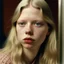 Placeholder: Platinum Blond Actress Mia Goth, 1970s,there are freckles on her cheeks, no eyebrows, pouty lips, red cheeks and nose, wierd face, polaroid