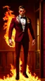 Placeholder: Hyper Realistic Photographic View of a handsome muscular Fire-Superhero wearing long-fancy-Maroon-tuxedo with-golden-flame-patterns on it & wearing fancy-red-sunglasses with flame-embers-around-him & standing on a vintage-crafted-balcony & maroon-open-fancy-windows & fancy-damask-wallpapers on walls at dark night showing dramatic & cinematic ambiance.