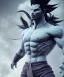 Placeholder: Goku, avatar, white and purple lines hair, fighting pose, muscular body, shirtless, volumetric details, hyper realism, unreal engine 5