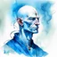 Placeholder: dnd, fantasy, watercolour, humongous strokes, stylistic, portrait, illustration, dull colours, man, face, enlightened, elegant, bald, clean shaven, blue skin