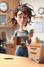 Placeholder: 3d disney cartoon style, a tangled-haired, sleepy, cranky, nervous woman is standing with an hourglass mug in her hand, the mug says "coffee", she shows the camera the display of her mobile phone, which shows 9:00, behind her is coffee flowing from the coffee maker onto the kitchen counter, a coffee mug a half sock, pen, glasses, laptop on the counter, one 2025 calendar on the wall, the wall clock shows 8 o'clock, the micro digital clock shows 8:30, little morning light, funny and surreal