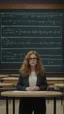Placeholder: Empty amphitheater [snapshot of Russian Doll TV series by Natasha Lyonne, Leslye Headland, and Amy Poehler, (2019)] In front of the blackboard with complex mathematical probability formulas and functional curves, an empty amphitheater