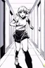 Placeholder: blonde girl runs in a corridor, line arts, manga style