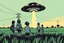 Placeholder: bumper sticker design, westall in bold heading text ufo 1966, lots of school children looking up in a field with high voltage powerline and gumtree's, mysterious cool, bold