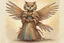 Placeholder: Jean-Baptiste Monge style. Full body of a humanoid biomorph kitten-owl faced woman. Vibrant, colorful. A furry striped dress, covered with owl feathers, in sunshine