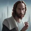 Placeholder: Portrait of Jesus, cigarette in mouth, futuristic city in background