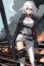 Placeholder: close-up gothic anime girl, white hair, tight outfit with gun on thigh, standing on a train track, smoke and fire surroundings, she is dull and dark, looks determined , train approaching behind her, anime manga style