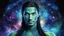 Placeholder: beautiful gorgeous young man na'vi with long hair, Avatar, blue skin, two small ears, green eyes, black hair, in cosmic suit, galactic ambiance, medium pointy goatee , smiling, nebulas and sacred geometry light figures on the backgroud,