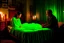 Placeholder: a knitted girl sitting on a bed and vomiting green lines, an exorcist priest standing next to her bed in a room in candlelight at night