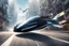 Placeholder: A sleek air car, flying above a futuristic street