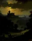 Placeholder: A dark black city near a giant shadow castle painted by George Inness