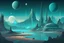 Placeholder: teal and aquamarine space world sci-fi futuristic landscape with a space western town planets and stars in an illustrated anime style