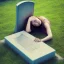 Placeholder: Woman crying laying next to a tombstone, cute, beautiful