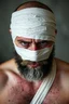 Placeholder: a very hurt man with beard, he is covered all the body with bandage and are in deep pain, only the eyes