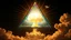 Placeholder: a nuclear explosion cloud(middle) framed from behind by a triangle of stained glass surrounded by radiant lines from the center, the wind and smoke from the explosion forming shapes of attractive dancing women(bottom) and cherubs/cupids(top) in the clouds, religiose art, angelic light