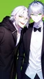 Placeholder: plauge doctor in balck leather coat and suit with silver hair, pale skin and bright green eyes smiling with sharp teeth, nice young face, male, viscious smile