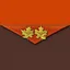 Placeholder: an autumn colored textured cloth embroidered ornamental leaves, pointed bottom, on darker textile background, embroidered text across top, Canadian western cowboy style