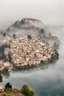 Placeholder: small lake town in south France covered in fog