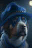 Placeholder: A dog with a blue hat and pin fur, Unreal Engine, cinematic lighting, dark