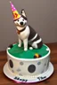 Placeholder: Birthday cake topped with a pool table, apricot tree and a husky dog