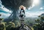 Placeholder: Wide angle photo of a slim sci-fi woman with blond hair, wearing a silver and black futuristic spacesuit looking android-like, standing on an alien cloud tree jungle planet