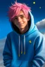 Placeholder: An androgynous young man with tousled pink hair and golden eyes floating among the stars wearing a light blue hoodie and black board shorts. He is smiling softly and holding a star in one hand.