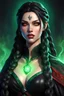Placeholder: Hexblood warlock female character. Lightly tanned skin. Long straight jet-black hair to the waist. Half-up hairstyle with two loose Dutch braids on each side. Bright glowing pale emerald-red eyes. Delicate face. High cheekbones. Full lips. Soft smile. Slightly pointed ears. Faint dark vine-like markings on neck and collarbone. Black cloak. Realistic dark fantasy. Highly detailed. Cinematic lighting.