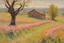 Placeholder: Spring trees, sunny day, mountains, stone wall, flowers, prairie, spring, max liebermann and otto pippel impressionism painting